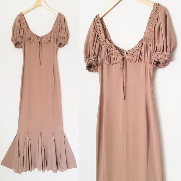 LPA Davina Midi Dress in Mocha Latte Size S Sheer Chiffon Milkmaid Mermaid $259 - Picture 3 of 15